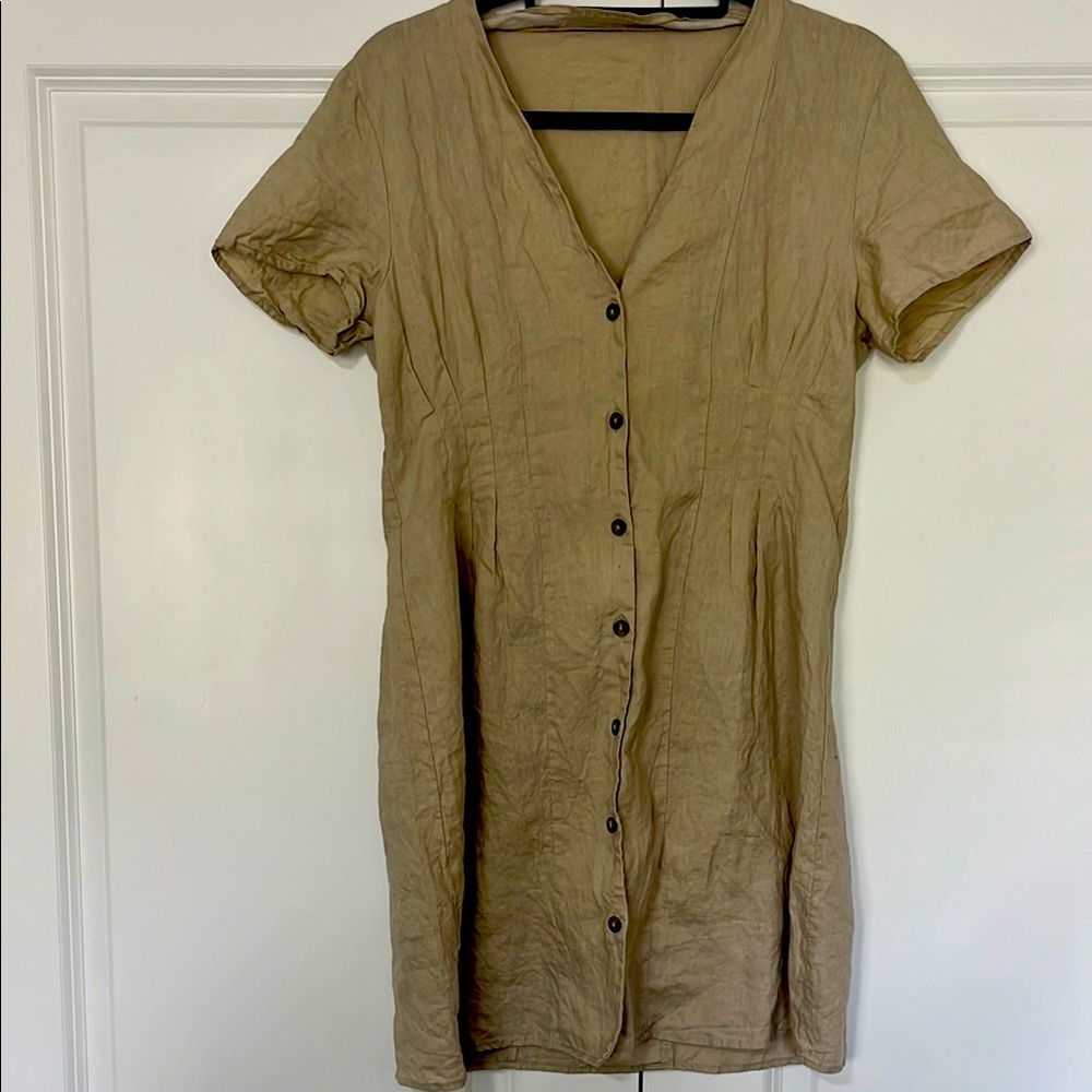 Elegant Tan linen Button-Down Dress